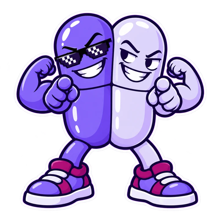 Hopium and Copium, two fused pills flexing